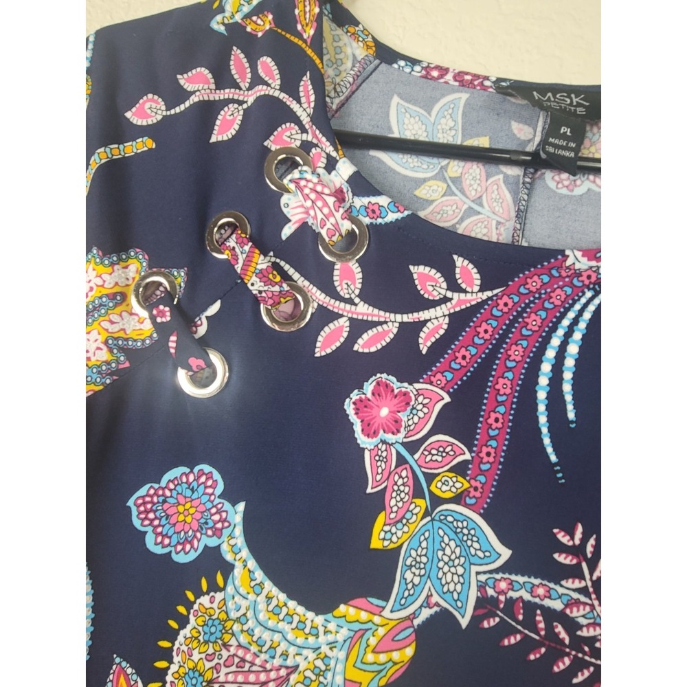 MSK Petite PL Womens Short Sleeve Paisley Shift Dress Stretch Bohemian Botanical - Picture 7 of 8